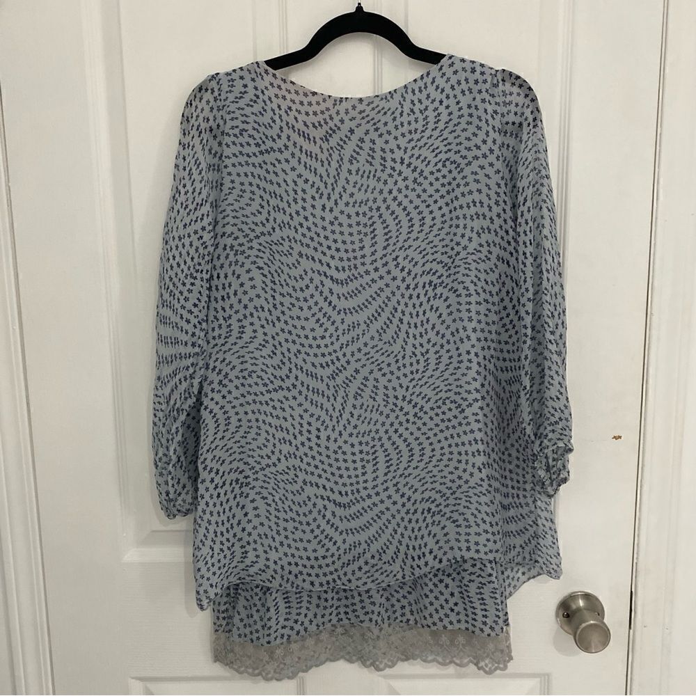 Prontomoda Giusy Italian Silk Tunic Blouse Blue Print Lace Hem Women’s‎ Medium - Picture 2 of 6